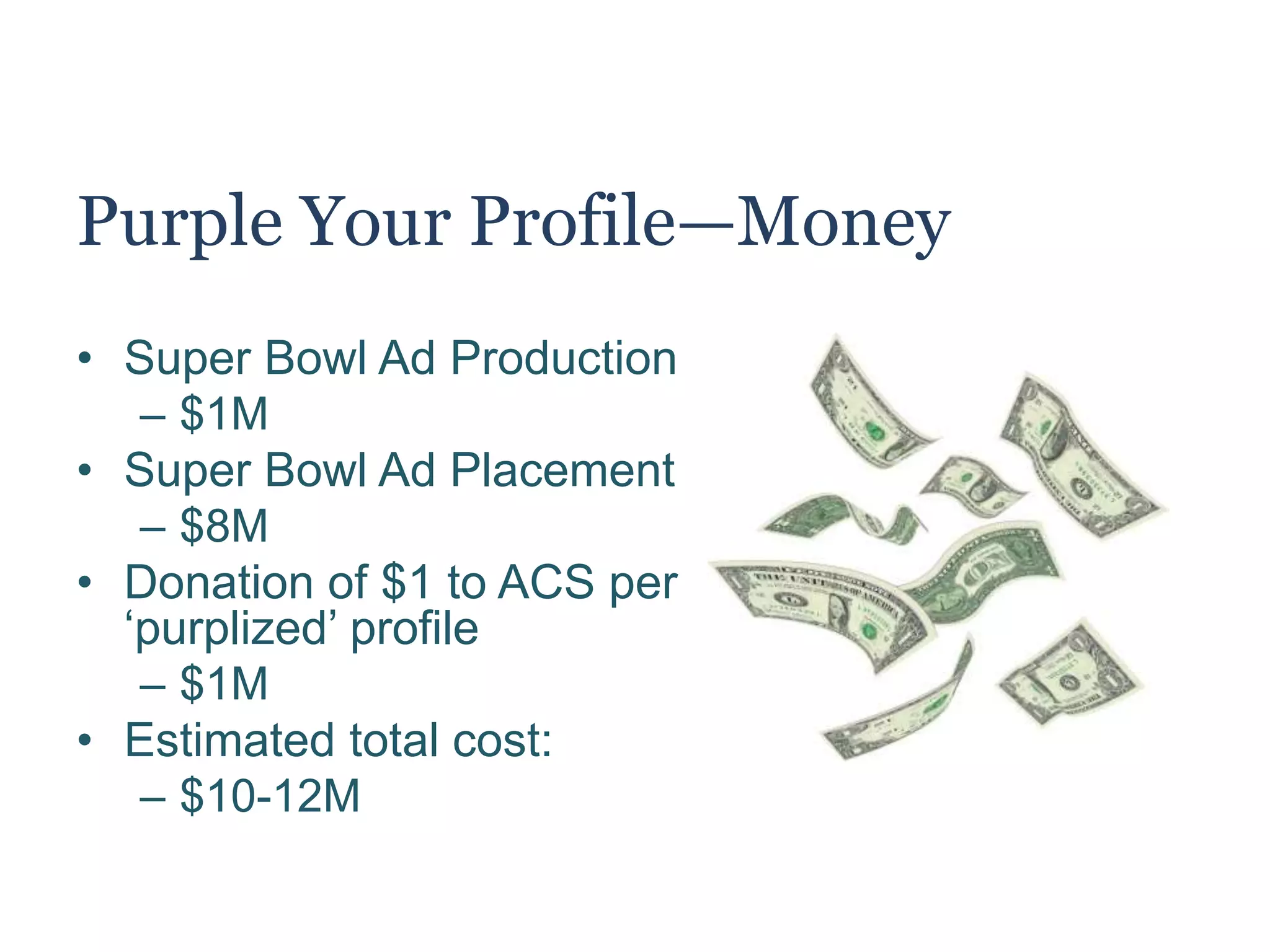 Purple Your Profile—Media
• Traditional Channels:
– Super Bowl T.V. commercial
• Non-traditional Channels:
– Facebook, Twitter, YouTube
• Website
– Chevrolet Purple Roads Website
 