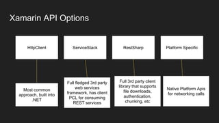 Xamarin API Options
HttpClient ServiceStack RestSharp Platform Specific
Most common
approach, built into
.NET
Full fledged 3rd party
web services
framework, has client
PCL for consuming
REST services
Full 3rd party client
library that supports
file downloads,
authentication,
chunking, etc
Native Platform Apis
for networking calls
 
