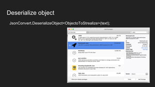 Deserialize object
JsonConvert.DeserializeObject<ObjectoToStrealize>(text);
 