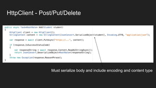 HttpClient - Post/Put/Delete
Must serialize body and include encoding and content type
 
