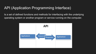 API (Application Programming Interface)
Is a set of defined functions and methods for interfacing with the underlying
operating system or another program or service running on the computer.
 
