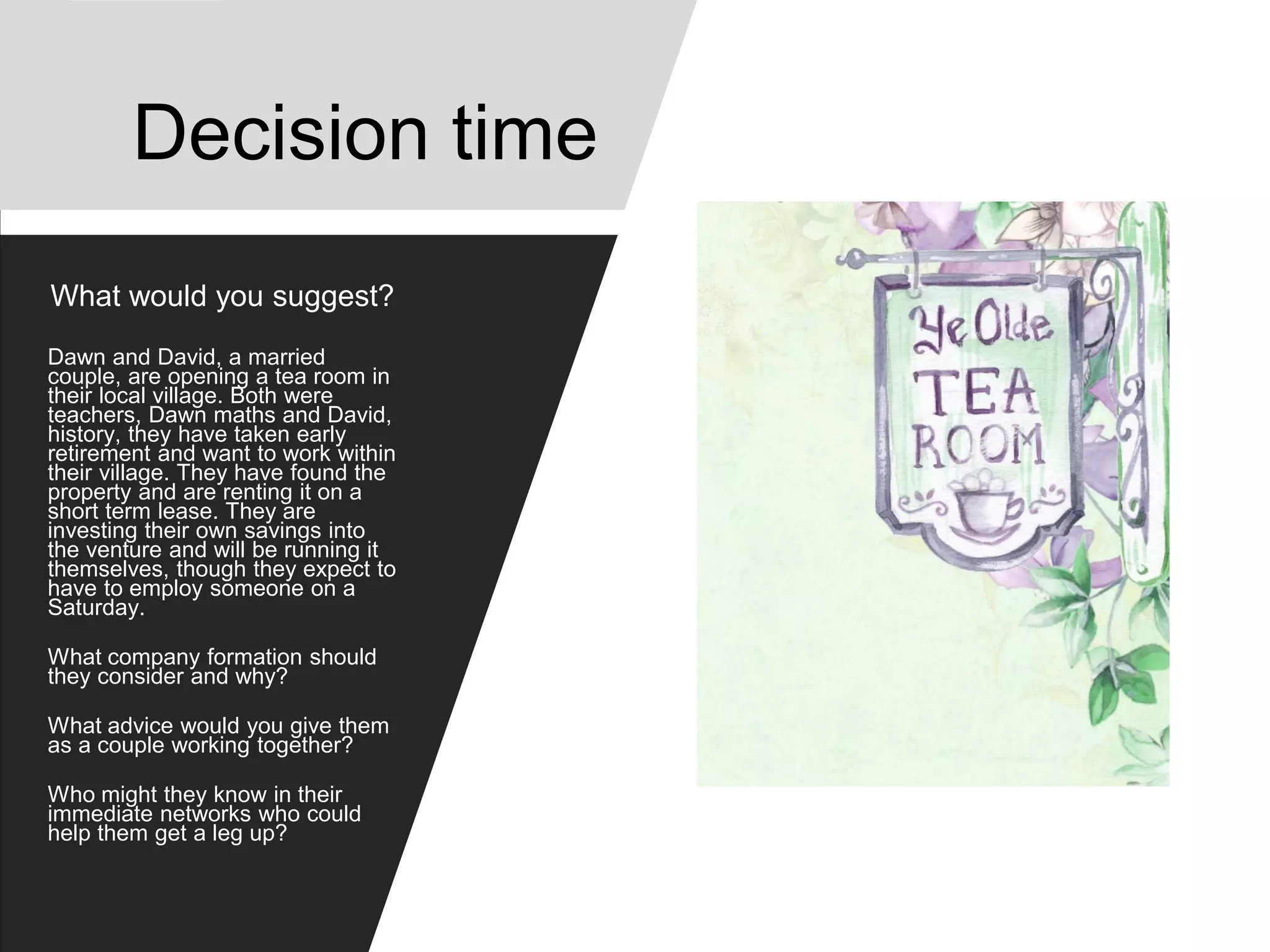Decision time
What would you suggest?
Dawn and David, a married
couple, are opening a tea room in
their local village. Both were
teachers, Dawn maths and David,
history, they have taken early
retirement and want to work within
their village. They have found the
property and are renting it on a
short term lease. They are
investing their own savings into
the venture and will be running it
themselves, though they expect to
have to employ someone on a
Saturday.
What company formation should
they consider and why?
What advice would you give them
as a couple working together?
Who might they know in their
immediate networks who could
help them get a leg up?
 