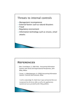  Blair, B and Boyce, G, 2006 (Eds), Accounting Information
Systems with Social and Organisational Perspectives, John
Wiley, Milton
 Turner, L. & Weickgenannt, A. (2009) Accounting Information
Systems: Controls and Processes, Wiley
I wish to acknowledge Dr. Chadi Aoun’s input and material that were
incorporated into the lecture slides as well as the supplementary
material and sources provided by John Wiley publishers.

 Management incompetence
 External factors such as natural disasters
 Fraud
 Regulatory environment
 Information technology such as viruses, email
attacks

 