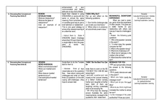 enhancement of your
communication and literary
skills are on top of all of these.
D. Discussing New Concepts and
Practicing New Skills #1
REVIEW:
INTERJECTIONS
What are interjections?
What are the types of
interjections?
Give an example of an
interjection?
Spark their interest in using
SYNONYMS or words with the
same or almost the same
meaning.Point outtothem that
it is anothergood way to give a
brief definition or restatement .
This is one good strategy to
arrive at the nearestmeaningof
an unfamiliar word.
SYNONYM Match Challenge
wherethey’ll fill eachblankwith
a single letter to form the given
pairs of words into
SYNONYMS.
TASK 6 Why Not?
Pair up and reflect on the
following quotations.
1. “Don’t let the challengesstop
you to take your best future.”
2. “When virtue is in presence,
all subordinate powers sleep.”
MEANINGFUL SIGNIFICANT
EXPERIENCE
When you read a poem,
you get to know the experience
of other people. This gives you
a better handle on your
relationship with others and
howyou’llreactto challengesin
life.
questions
1. Who isthespeaker/ persona
in the poem?
2. To what does the speaker
compare her life?
3. What is the speaker doing?
4. What kind of stairwayis it?
5. What kind of stairway is the
mother’s life not like?
6. What doesthemothertellher
son?
Remedial
Instruction/Enhancement Activities
for reading/Individual
Learning/Cooperative Learning
E. Discussing New Concepts and
Practicing New Skills #2
REVIEW:
WORDINVERSION
What is normalwordorder?
What is an inverted word
order?
When doesan inverted
sentenceoccur?
Give examplesofinverted
sentences?
Guide them to do the Twisters
task for them to
of their
classmates as to the questions
they have about coping with
challenges and write at least
three (3) questions (inline with
coping with challenges ) they
hope to answer later.
TASK 7 Be the Best You Can
be
Invite them to work on the BE
THE BEST YOU CAN BE task
where they’ll
closely at the picture/ drawing
of a father/ mother carrying
his/her son/ daughter at his/her
back .Both of them are
laughing/ smiling contentedly
seem to be enjoying life .
ut how the drawing/
picture illustrates the same
meaningbeing conveyedinthe
quotations, then relate them.
MESSAGE FOR YOU
yourgroupmates,discuss
the answer to the following
questions.
poetic devices are used
in the poem?
clarify the
message more?
best?
Why?
motivated the mother to advice
her son?
worthwhile? Prove your point.
Remedial
Instruction/Enhancement Activities
for reading/Individual
Learning/Cooperative Learning
 