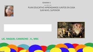 SEMANA 5
costa 2020 2021
PLAN EDUCATIVO APRENDAMOS JUNTOS EN CASA
SUB NIVEL SUPERIOR
LIC. RAQUEL CAMACHO . V., MSC
 