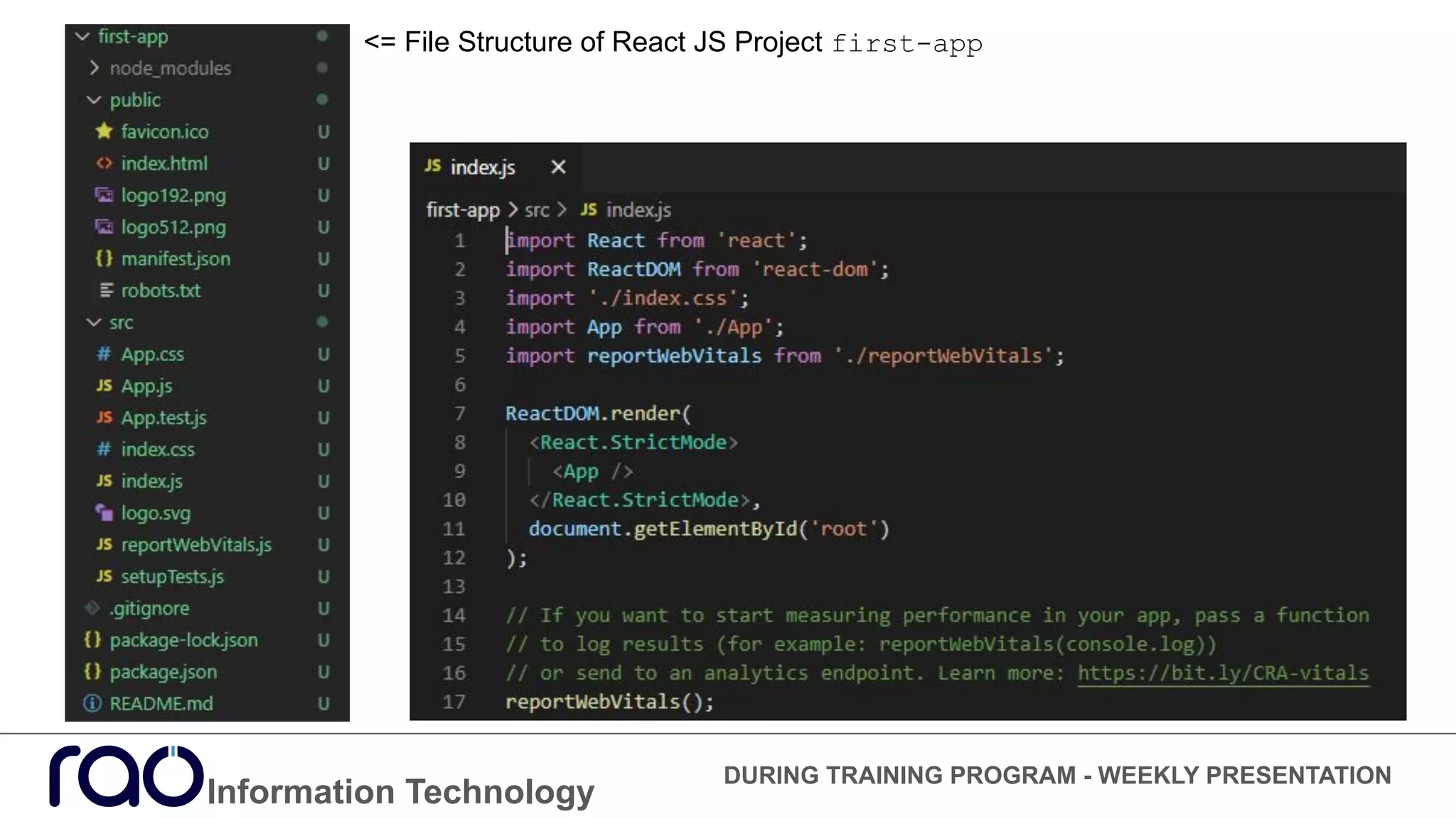 Information Technology
DURING TRAINING PROGRAM - WEEKLY PRESENTATION
<= File Structure of React JS Project first-app
 