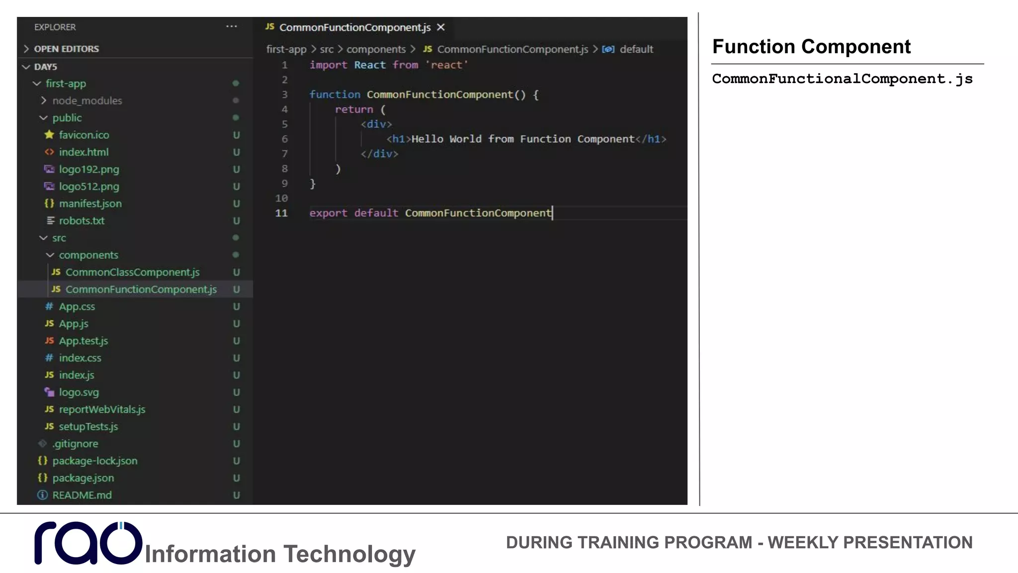 Information Technology
DURING TRAINING PROGRAM - WEEKLY PRESENTATION
Function Component
CommonFunctionalComponent.js
 