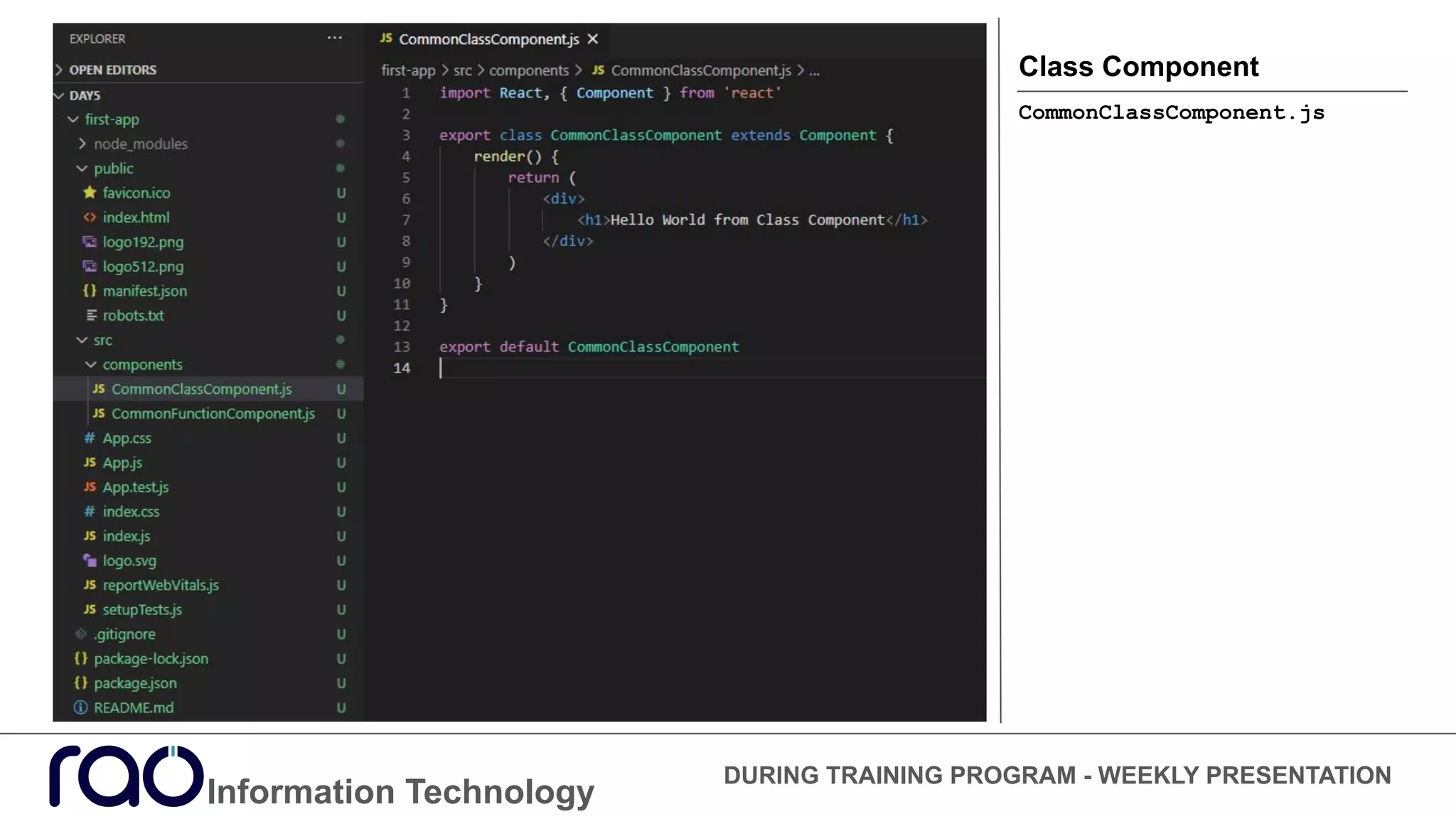 Information Technology
DURING TRAINING PROGRAM - WEEKLY PRESENTATION
Class Component
CommonClassComponent.js
 