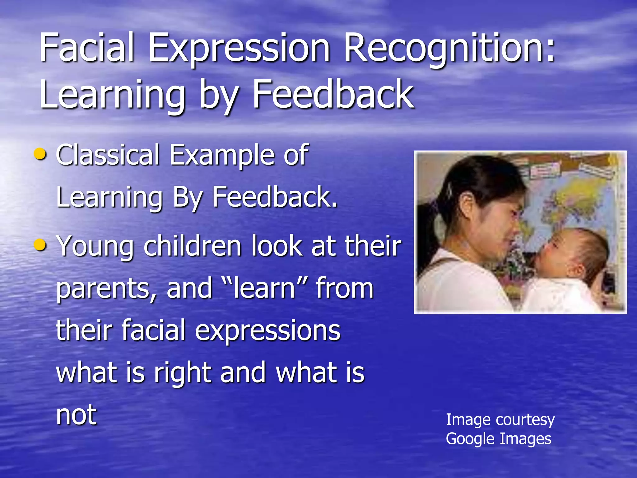 Facial Expression Recognition:
Learning by Feedback
• Classical Example of
Learning By Feedback.
• Young children look at their
parents, and “learn” from
their facial expressions
what is right and what is
not Image courtesy
Google Images
 