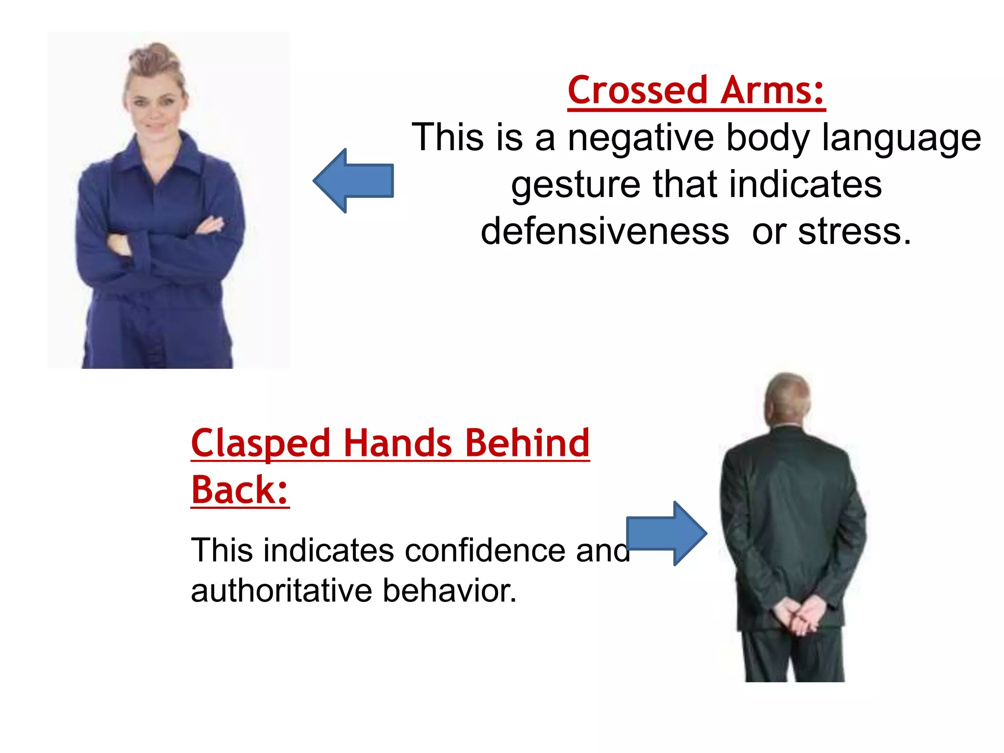 Crossed Arms:
This is a negative body language
gesture that indicates
defensiveness or stress.
Clasped Hands Behind
Back:
This indicates confidence and
authoritative behavior.
 