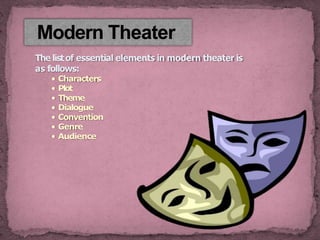 The listof essential elements in modern theater is
as follows:
• Characters
• Plot
• Theme
• Dialogue
• Convention
• Genre
• Audience
Modern Theater
 