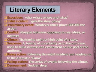 Exposition: “who,when, where and what”
Initial incident: “getsthe storygoing”
 Preliminary event: Whatever takes place BEFORE the
action
Conflict: struggle between opposing forces, ideas, or
interests
Climax: The turning point or high point of a story.
Suspense: A feeling of uncertainty as to the outcome,
used to build interest and excitement on the part of the
audience
Rising action: following the initial incident and leading up
to the dramatic climax
Falling action: The series of events following the climax
Denouement: Sudden drop
Literary Elements
 