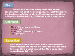 Plot
Mario and Gloria has no money to buy food for their
daughter. Mario lost his job for stealing an apple. Falsely figuring out
the situation as misfortune he left his wife and daughter, went back
to his partner in crime Pablo and did crimes again to have money.
Character
 Mario –the man who lost his job.
 Gloria –wife
 Pablo –the crime buddy of Mario.
 Tita –daughter
Exposition
 Mario enters from the street at left. He is in the late twenties
shabbily dressed and with hair that seems to have been uncut
for weeks. Gloria greeted him and then Mario asked about
the condition of their child
 