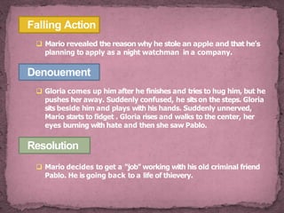 Falling Action
 Mario revealed the reason why he stole an apple and that he’s
planning to apply as a night watchman in a company.
Denouement
 Gloria comes up him after he finishes and tries to hug him, but he
pushes her away. Suddenly confused, he sitson the steps. Gloria
sits beside him and plays with his hands. Suddenly unnerved,
Mario starts to fidget . Gloria rises and walks to the center, her
eyes burning with hate and then she saw Pablo.
Resolution
 Mario decides to get a "job" working with his old criminal friend
Pablo. He is going back to a life of thievery.
 
