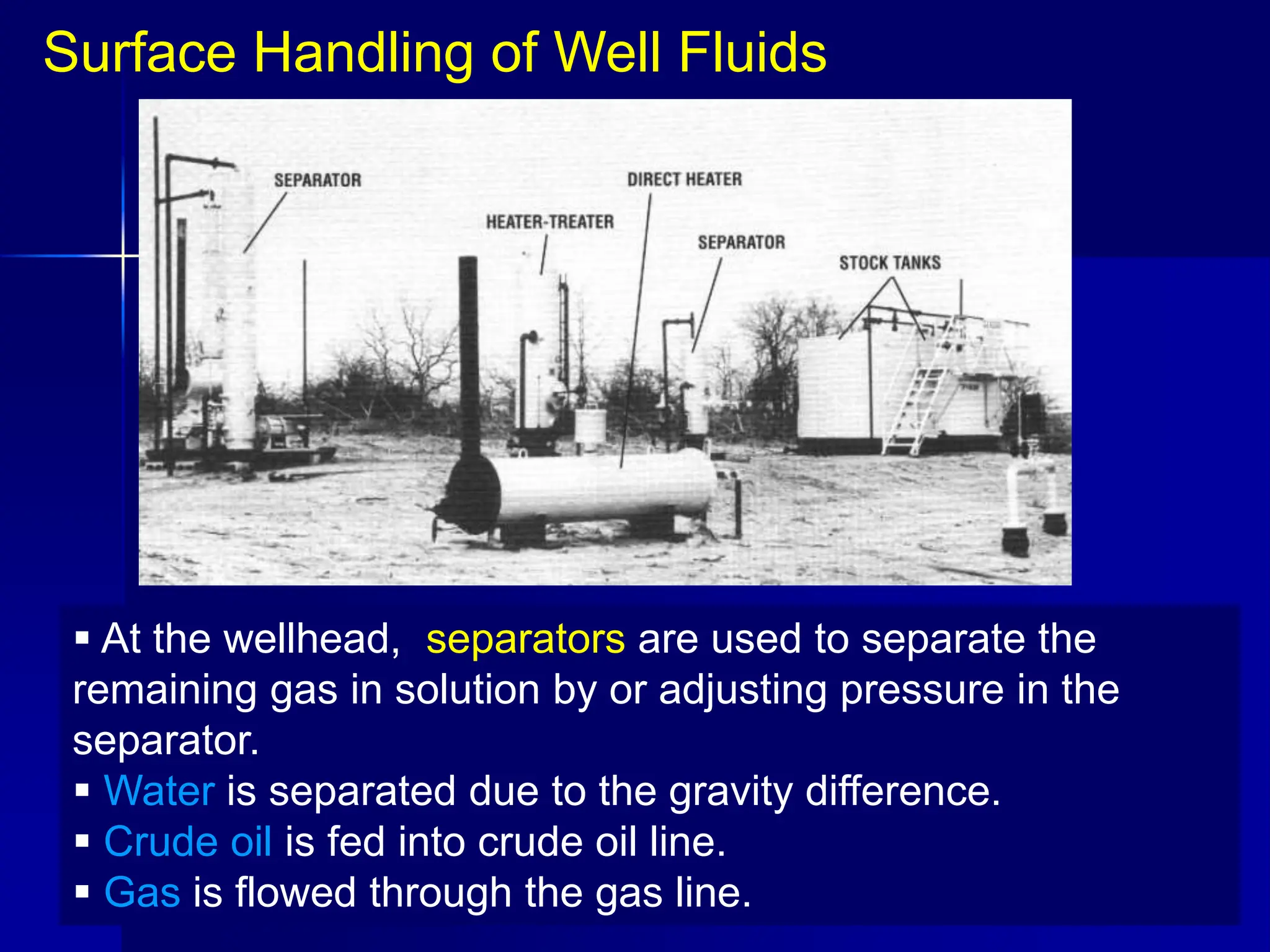 Surface Handling of Well Fluids
 At the wellhead, separators are used to separate the
remaining gas in solution by or adjusting pressure in the
separator.
 Water is separated due to the gravity difference.
 Crude oil is fed into crude oil line.
 Gas is flowed through the gas line.
 