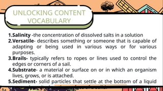 UNLOCKING CONTENT
VOCABULARY
1.Salinity -the concentration of dissolved salts in a solution
2.Versatile- describes something or someone that is capable of
adapting or being used in various ways or for various
purposes.
3.Brails- typically refers to ropes or lines used to control the
edges or corners of a sail.
4.Substrate- a material or surface on or in which an organism
lives, grows, or is attached.
5.Sediment- solid particles that settle at the bottom of a liquid
or are deposited on the surface of a solid.
 
