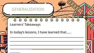 Learners’ Takeaways
In today’s lessons, I have learned that……
____________________________________________________
____________________________________________________
____________________________________________________
____________________________________________________
_______
GENERALIZATION
 