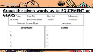 Group the given words as to EQUIPMENT or
GEARS
 