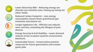 Lower Electricity Bills – Reducing energy use
directly cuts monthly costs, freeing up money for
other needs.
Reduced Carbon Footprint – Less energy
consumption means fewer greenhouse gas
emissions and cleaner air.
Longer Appliance Life – Efficient use reduces
wear and tear, extending the lifespan of your
devices.
Energy Security & Grid Stability – Lower demand
reduces strain on power systems and prevents
blackouts.
Sustainable Future – Conservation protects
resources for future generations and creates
green jobs.
 