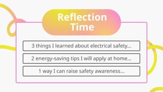 Reflection
Time
3 things I learned about electrical safety...
2 energy-saving tips I will apply at home...
1 way I can raise safety awareness...
 