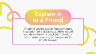 Explain it
to a Friend
Imagine you're explaining damaged
insulation to a classmate. How would
you describe why cracked, frayed, or
worn wire covering is dangerous in
simple terms?
 