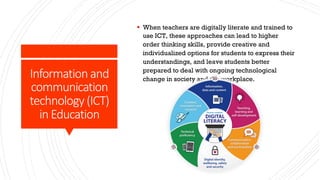 Information and
communication
technology (ICT)
in Education
§ When teachers are digitally literate and trained to
use ICT, these approaches can lead to higher
order thinking skills, provide creative and
individualized options for students to express their
understandings, and leave students better
prepared to deal with ongoing technological
change in society and the workplace.
 