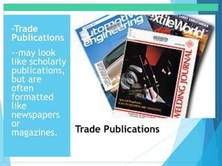 Trade Publications
•Trade
Publications
--may look
like scholarly
publications,
but are
often
formatted
like
newspapers
or
magazines.
 