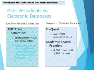 Print Periodicals vs.
Electronic Databases
RHC Print
collection:
 approximately 200
periodical titles
 http://library.rioh
ondo.edu/Researc
h_Help/Periodical
HoldingsList2011_
2012.pdf
ProQuest:
 over 2200
periodical titles
Academic Search
Premier:
 4,600 titles, with
3,900 full text
RHC Print Periodical Collection Compare to Electronic Databases
To compare RHC collections in print versus electronic:
 