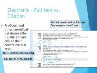 Electronic - Full text vs.
Citation
 ProQuest and
other periodical
databases offer
usually around
60% of their
collections full
text.
Not ALL results will be full-text.
See example from Ebsco:
NOT Full text [citation only]
Full text in HTML and pdf
 