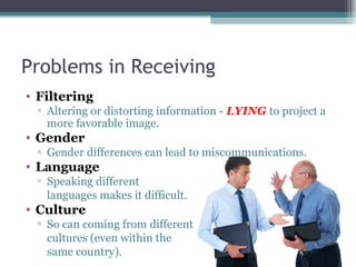 Problems in Receiving
• Filtering
▫ Altering or distorting information - LYING to project a
more favorable image.
• Gender
▫ Gender differences can lead to miscommunications.
• Language
▫ Speaking different
languages makes it difficult.
• Culture
▫ So can coming from different
cultures (even within the
same country).
 