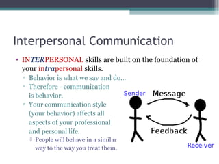 Interpersonal Communication
• INTERPERSONAL skills are built on the foundation of
your intrapersonal skills.
▫ Behavior is what we say and do…
▫ Therefore - communication
is behavior.
▫ Your communication style
(your behavior) affects all
aspects of your professional
and personal life.
 People will behave in a similar
way to the way you treat them.
 