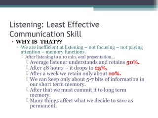 Listening: Least Effective
Communication Skill
• WHY IS THAT??
▫ We are inefficient at listening – not focusing – not paying
attention – memory functions.
 After listening to a 10 min. oral presentation…
 Average listener understands and retains 50%.
 After 48 hours – it drops to 25%.
 After a week we retain only about 10%.
 We can keep only about 5-7 bits of information in
our short term memory.
 After that we must commit it to long term
memory.
 Many things affect what we decide to save as
permanent.
 
