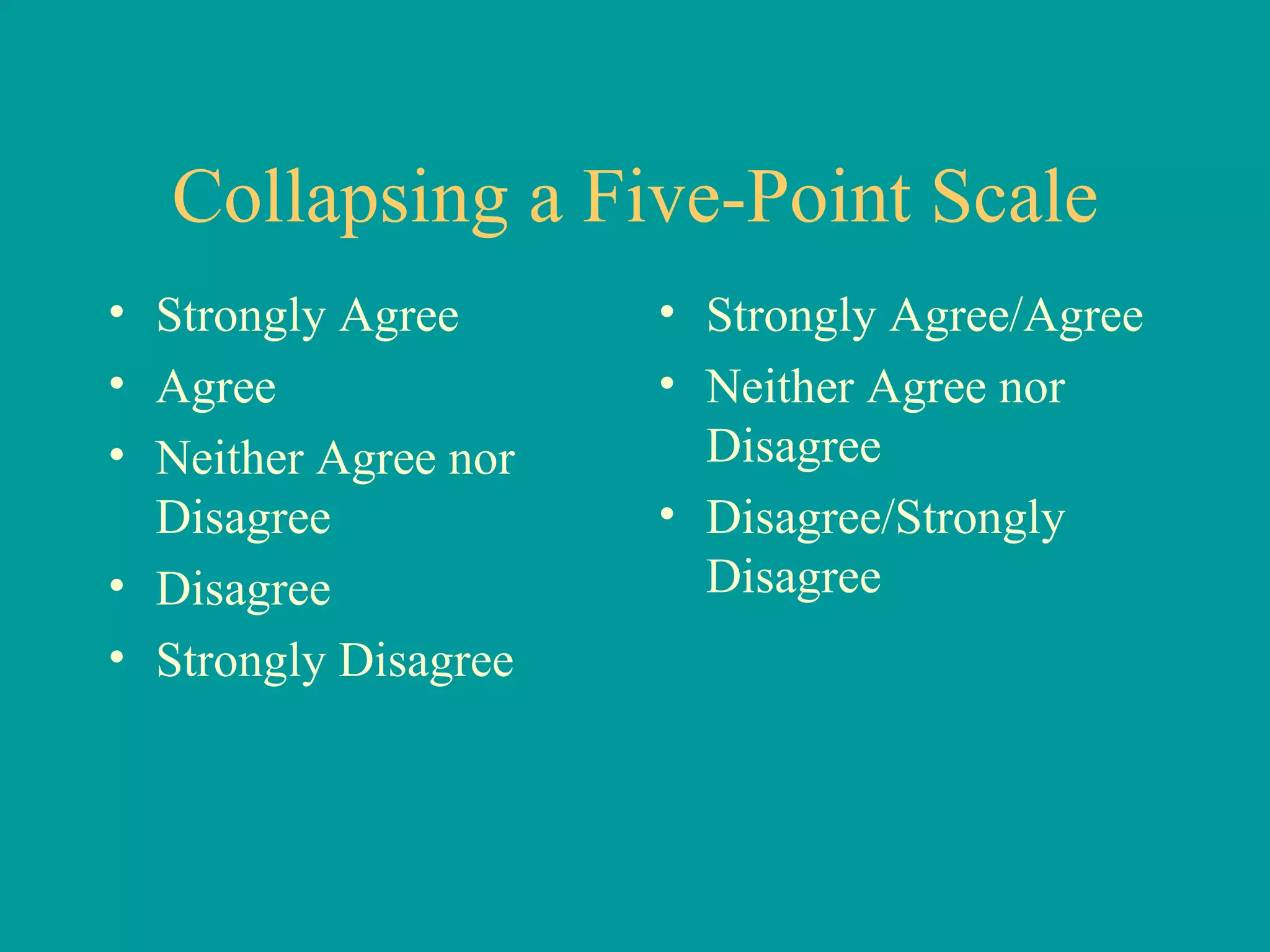 Collapsing a Five-Point Scale Strongly Agree Agree Neither Agree nor Disagree Disagree Strongly Disagree Strongly Agree/Agree Neither Agree nor Disagree Disagree/Strongly Disagree 