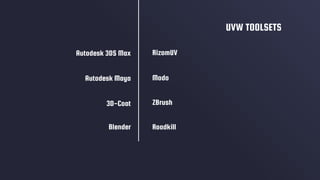 RizomUV
Modo
ZBrush
UVW TOOLSETS
Roadkill
Autodesk 3DS Max
Autodesk Maya
3D-Coat
Blender
 
