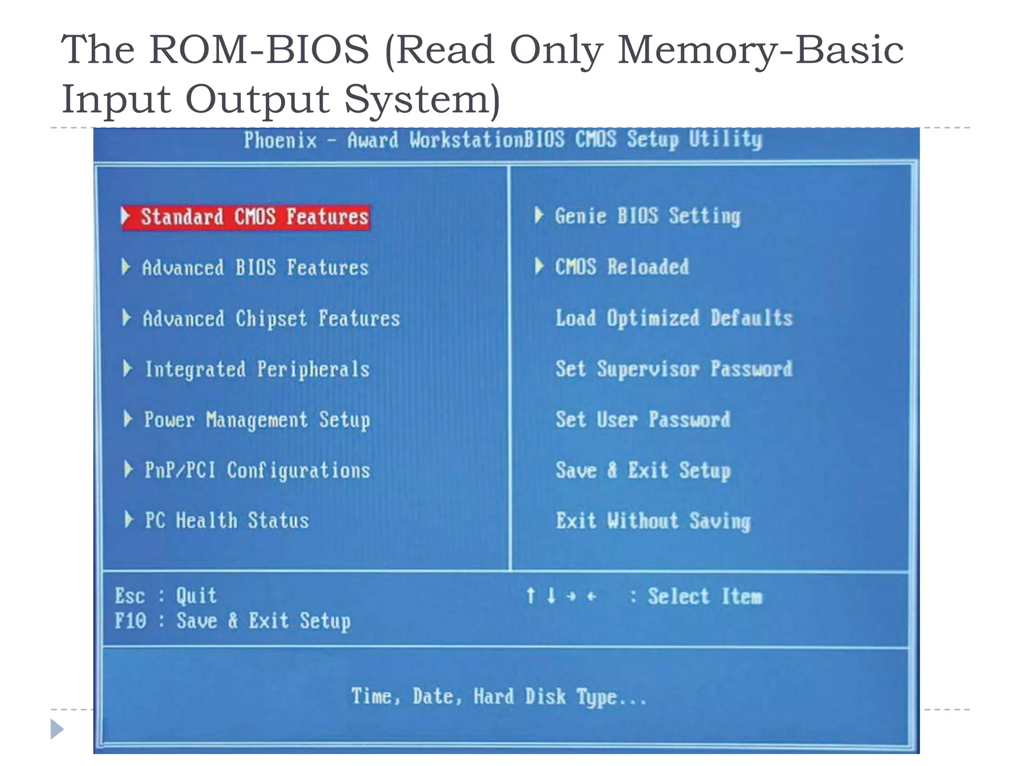 The ROM-BIOS (Read Only Memory-Basic
Input Output System)
 