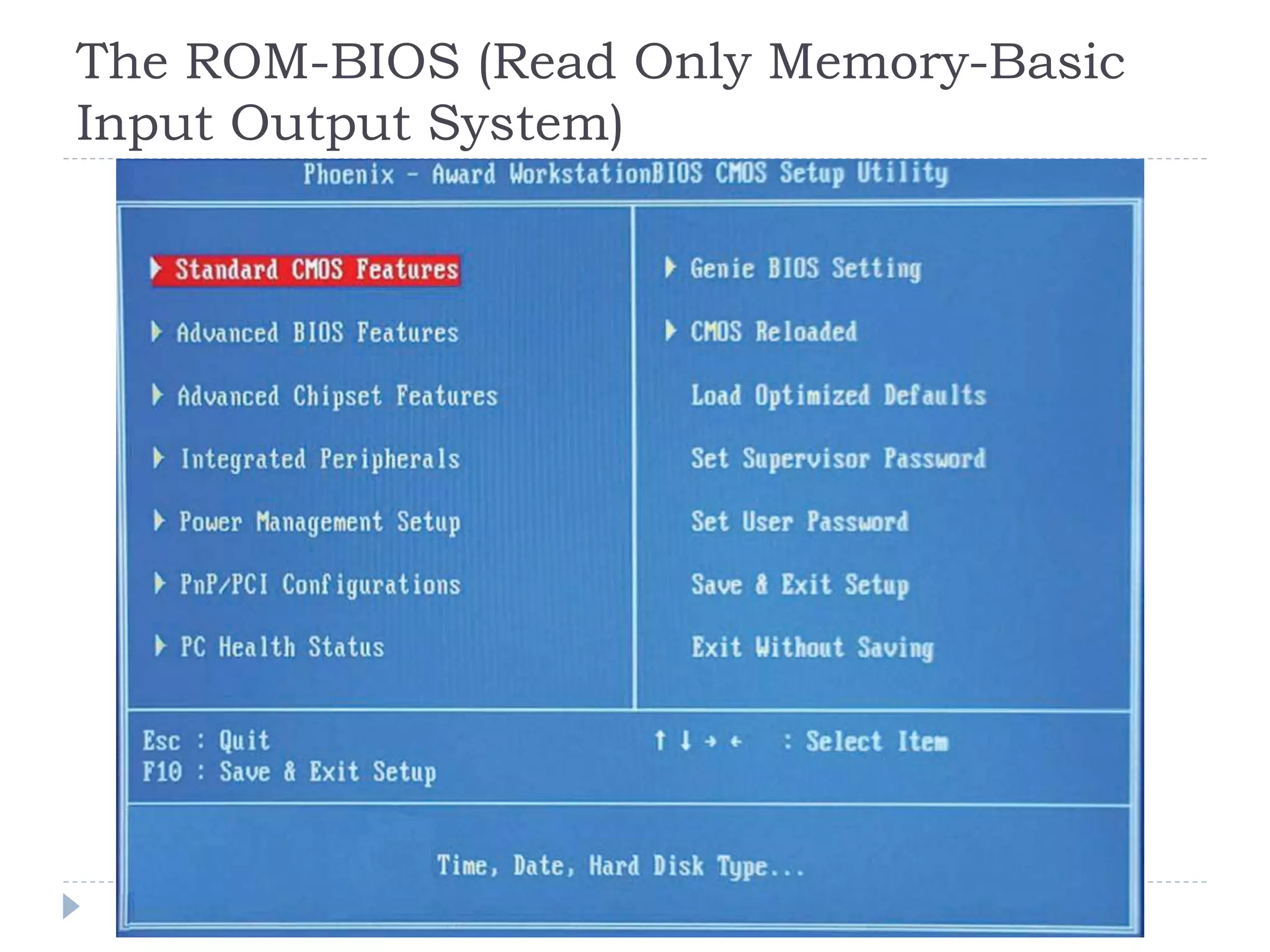 The ROM-BIOS (Read Only Memory-Basic
Input Output System)
 