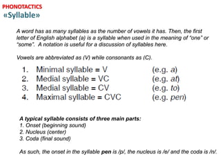 A word has as many syllables as the number of vowels it has. Then, the first
letter of English alphabet (a) is a syllable when used in the meaning of “one” or
“some”. A notation is useful for a discussion of syllables here.
Vowels are abbreviated as (V) while consonants as (C).
A typical syllable consists of three main parts:
1. Onset (beginning sound)
2. Nucleus (center)
3. Coda (final sound)
As such, the onset in the syllable pen is /p/, the nucleus is /e/ and the coda is /n/.
PHONOTACTICS
 