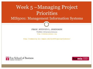 [object Object],[object Object],[object Object],[object Object],Week 5 –Managing Project Priorities MIS5001: Management Information Systems 