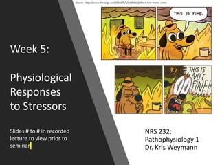Week 5:
Physiological
Responses
to Stressors
Slides # to # in recorded
lecture to view prior to
seminar
NRS 232:
Pathophysiology 1
Dr. Kris Weymann
Source: https://www.theverge.com/2016/5/5/11592622/this-is-fine-meme-comic
 