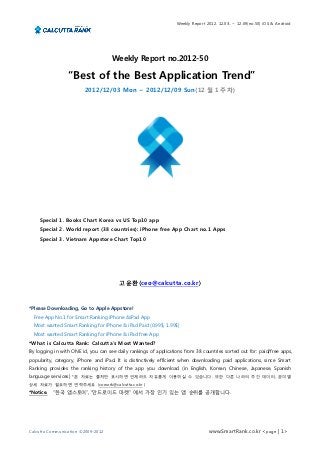 Weekly Report 2012. 12.03.. ~ 12.09(no.50) iOS & Android




                                     Weekly Report no.2012-50

                 “Best of the Best Application Trend”
                         2012/12/03 Mon ~ 2012/12/09 Sun(12 월 1 주차)




    Special 1. Books Chart Korea vs US Top10 app
    Special 2. World report (38 countries): iPhone free App Chart no.1 Apps
    Special 3. Vietnam Appstore Chart Top10




                                        고윤환(ceo@calcutta.co.kr)



*Please Downloading, Go to Apple Appstore!
  Free App No.1 for Smart Ranking iPhone &iPad App
  Most wanted Smart Ranking for iPhone & iPad Paid (0.99$, 1.99$)
  Most wanted Smart Ranking for iPhone & iPad free App
*What is Calcutta Rank: Calcutta’s Most Wanted?
By logging in with ONE id, you can see daily rankings of applications from 38 countries sorted out for: paid/free apps,
popularity, category, iPhone and iPad. It is distinctively efficient when downloading paid applications, since Smart
Ranking provides the ranking history of the app you download (in English, Korean, Chinese, Japanese, Spanish
language services) *본 자료는 출처만 표시하면 언제라도 자유롭게 이용하실 수 있습니다. 또한 다른 나라의 주간 데이터, 분야별
상세 자료가 필요하면 연락주세요 (cowork@calcutta.co.kr )
*Notice.   “한국 앱스토어”, “안드로이드 마켓” 에서 가장 인기 있는 앱 순위를 공개합니다.




Calcutta Communication ©2009-2012                                                www.SmartRank.co.kr <page | 1>
 