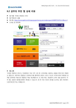 Weekly Report 2013. 01.07.. ~ 01. 13(no.54) iOS & Android




6.2 금주의 추천 앱 상세 리뷰

   앱 이름: 국세청 연말정산 2012
   앱 카테고리: 금융
   앱 URL: https://itunes.apple.com/kr/app/gugsecheong-yeonmaljeongsan/id588973520?mt=8&uo=4
   스크린 샷 (아이폰)




   앱 소개
‘국세청 연말정산 2012’는 국세청에서 국내 거주 시민 중 스마트폰을 사용하는 분들을 위해 만든 연말정
산 앱입니다. 파란색의 연말정산 간편계산기를 클릭하면 공란이 나오고 자신의 수치에 맞춰 차례대로 금
액을 입력하면 자동으로 연말정산 액을 계산해줍니다. 또 바뀐 제도, 세금절약 노하우 등을 알려주고 자
주 묻는 질문은 Q&A를 통해서 확인할 수 있습니다. 향 후 이런 국민의 편의를 도모하는 앱이 계속해서
나와주었으면 하는 바램입니다.




Calcutta Communication ©2009-2012                                   www.SmartRank.co.kr <page | 21>
 