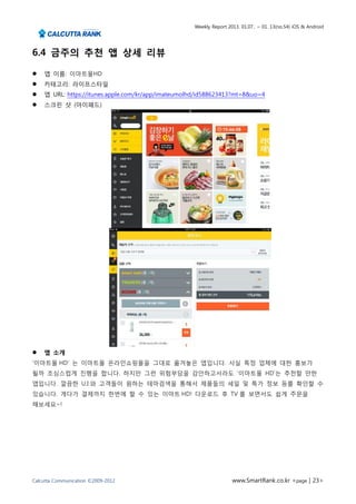 Weekly Report 2013. 01.07.. ~ 01. 13(no.54) iOS & Android




6.4 금주의 추천 앱 상세 리뷰

   앱 이름: 이마트몰HD
   카테고리: 라이프스타일
   앱 URL: https://itunes.apple.com/kr/app/imateumolhd/id588623413?mt=8&uo=4
   스크린 샷 (아이패드)




   앱 소개
‘이마트몰 HD’ 는 이마트몰 온라인쇼핑몰을 그대로 옮겨놓은 앱입니다. 사실 특정 업체에 대한 홍보가
될까 조심스럽게 진행을 합니다. 하지만 그런 위험부담을 감안하고서라도 ‘이마트몰 HD’는 추천할 만한
앱입니다. 깔끔한 U.I 와 고객들이 원하는 테마검색을 통해서 제품들의 세일 및 특가 정보 등를 확인할 수
있습니다. 게다가 결제까지 한번에 할 수 있는 이마트 HD! 다운로드 후 TV 를 보면서도 쉽게 주문을
해보세요~!




Calcutta Communication ©2009-2012                                    www.SmartRank.co.kr <page | 23>
 