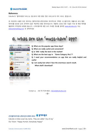 Weekly Report 2013. 01.07.. ~ 01. 13(no.54) iOS & Android



Reference.
Calcutta 의 “캘커타랭크”서비스는 앱스토어 마켓 랭킹 전문 서비스(6 개 국어 서비스 중)입니다.


본 리포트에 사용한 모든 데이터는 캘커타커뮤니케이션에서 독자적으로 구축한 시스템이지만, 애플사의 공식 랭킹
데이터를 임의로 순위 조작하지 않은 객관적인 랭킹 데이터입니다. 개발에 소요된 전문 기술은 국내 및 해외 특허를
출원하여 저작권에 보호를 받습니다. 스마트랭크에 대한 보다 자세한 정보를 원하면 www.calcutta.co.kr 또는
www.smartranking.co.kr 로 연락주세요




                                    Q. What are the popular app these days?
                                    Q. What are really useful and convenient?
                                    Q. Is ‘SNS’ really the best in the market?
                                    Q. What are the best app in     “Game Category No.1”?
                                    Q. I need your recommendation on app that are really helpful and
                                    useful
                                    Q. I am easily lost when I face the enormous search result.
                                        What shall I download?




                              Contact us. +82-70-7539-9663 , Calcutta@calcutta.co.kr
                                                      <끝>




(주)캘커타커뮤니케이션©2009-2012
Calcutta is India Local city name.. They are called "city of Joy“
Our Vision “Happy Human, Everybody Happy!”



Calcutta Communication ©2009-2012                                              www.SmartRank.co.kr <page | 30>
 