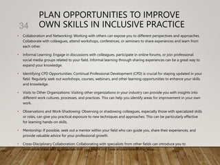PLAN OPPORTUNITIES TO IMPROVE
OWN SKILLS IN INCLUSIVE PRACTICE
• Collaboration and Networking: Working with others can expose you to different perspectives and approaches.
Collaborate with colleagues, attend workshops, conferences, or seminars to share experiences and learn from
each other.
• Informal Learning: Engage in discussions with colleagues, participate in online forums, or join professional
social media groups related to your field. Informal learning through sharing experiences can be a great way to
expand your knowledge.
• Identifying CPD Opportunities: Continual Professional Development (CPD) is crucial for staying updated in your
field. Regularly seek out workshops, courses, webinars, and other learning opportunities to enhance your skills
and knowledge.
• Visits to Other Organizations: Visiting other organizations in your industry can provide you with insights into
different work cultures, processes, and practices. This can help you identify areas for improvement in your own
work.
• Observations and Work-Shadowing: Observing or shadowing colleagues, especially those with specialized skills
or roles, can give you practical exposure to new techniques and approaches. This can be particularly effective
for learning hands-on skills.
• Mentorship: If possible, seek out a mentor within your field who can guide you, share their experiences, and
provide valuable advice for your professional growth.
• Cross-Disciplinary Collaboration: Collaborating with specialists from other fields can introduce you to
innovative ideas and approaches that you might not have encountered otherwise.
34
 