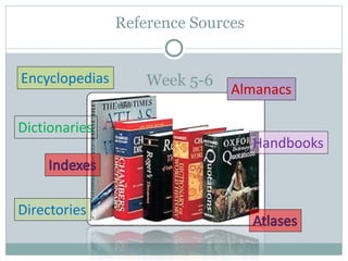 Reference Sources
Week 5-6Encyclopedias
Dictionaries
Almanacs
Directories
Handbooks
 