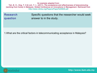 An example adapted from:
Teh, B. H., Ong, T. S & Loh, Y. L. (2011). The acceptance and effectiveness of telecommuting
(working from home) in Malaysia. Global Conference on Innovations in Management. Retrieved from
http://www.cibmp.org/Papers/Paper%20648.pdf
Research
question
Specific questions that the researcher would seek
answer to in the study.
1.What are the critical factors in telecommunicating acceptance in Malaysia?
 