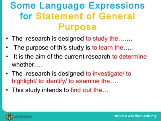 Some Language Expressions
for Statement of General
Purpose
• The research is designed to study the…….
• The purpose of this study is to learn the…..
• It is the aim of the current research to determine
whether….
• The research is designed to investigate/ to
highlight/ to identify/ to examine the….
• This study intends to find out the…
 