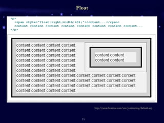 Float http://www.brainjar.com/css/positioning/default.asp 