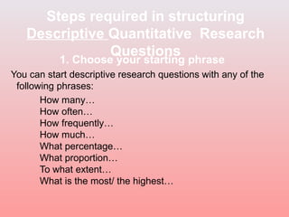 Descriptive Quantitative Questions Examples Week5b writing research questions | PPT