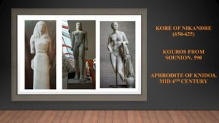 KORE OF NIKANDRE
(650-625)
KOUROS FROM
SOUNION, 590
APHRODITE OF KNIDOS,
MID 4TH CENTURY
 